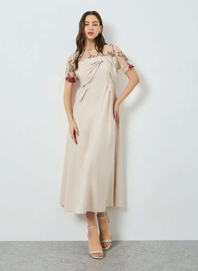 Take Two  Women Beige Floral Embroidered Contrast Mesh Midi Dress for Women | Best Price UAE